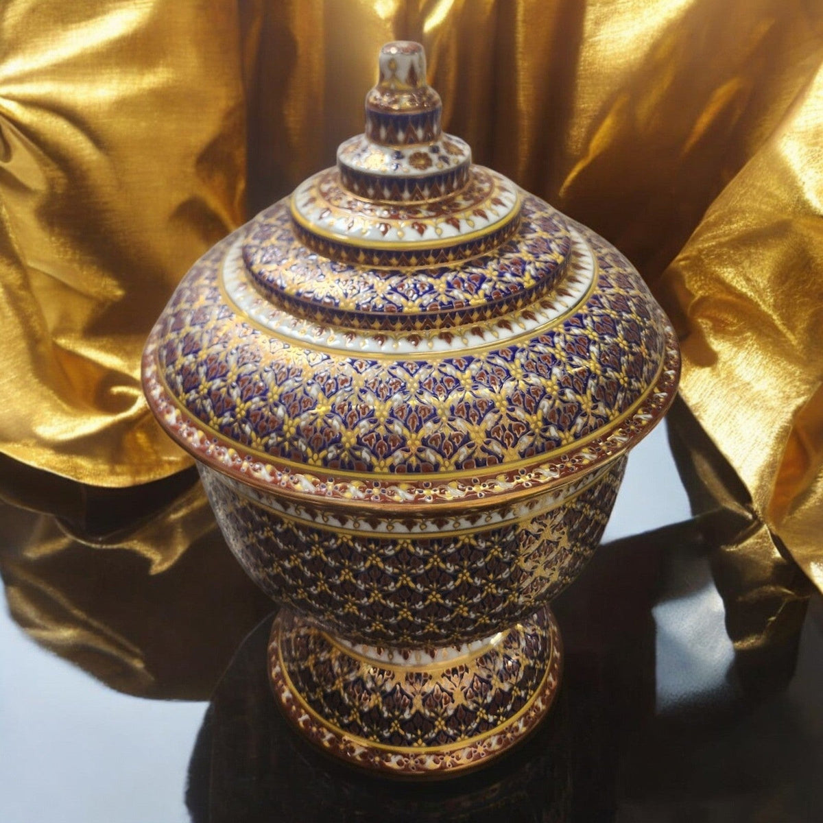 Thai Benjarong Royal Blue & Gold Covered Porcelain Bowl