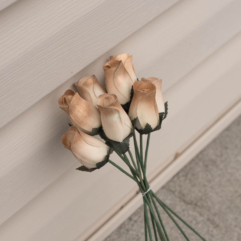 White/Gold Closed Bud Roses 8-Pack