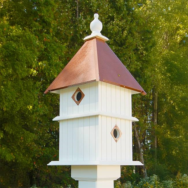 White Two Story Songbird BirdHouse with Copper Colored Roof - Made in USA