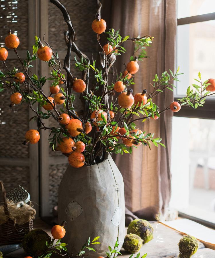 Artificial Fruit Yellow Orange Pomegranate Fruit Stem 36" Tall