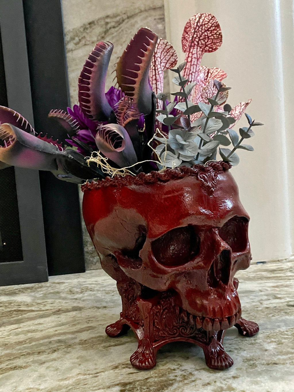 Human Skull Planter | Blood Red Finish