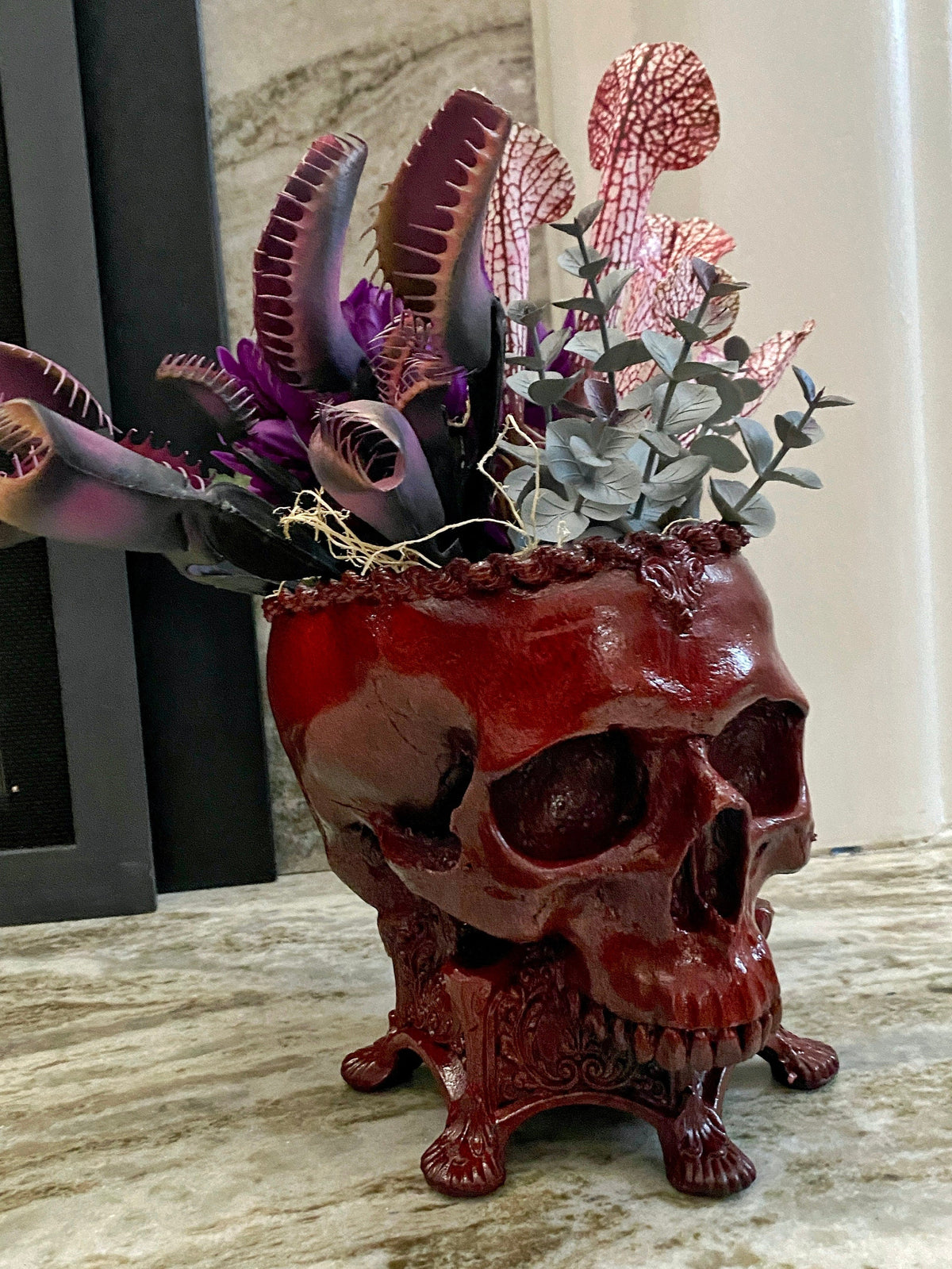 Human Skull Planter | Blood Red Finish