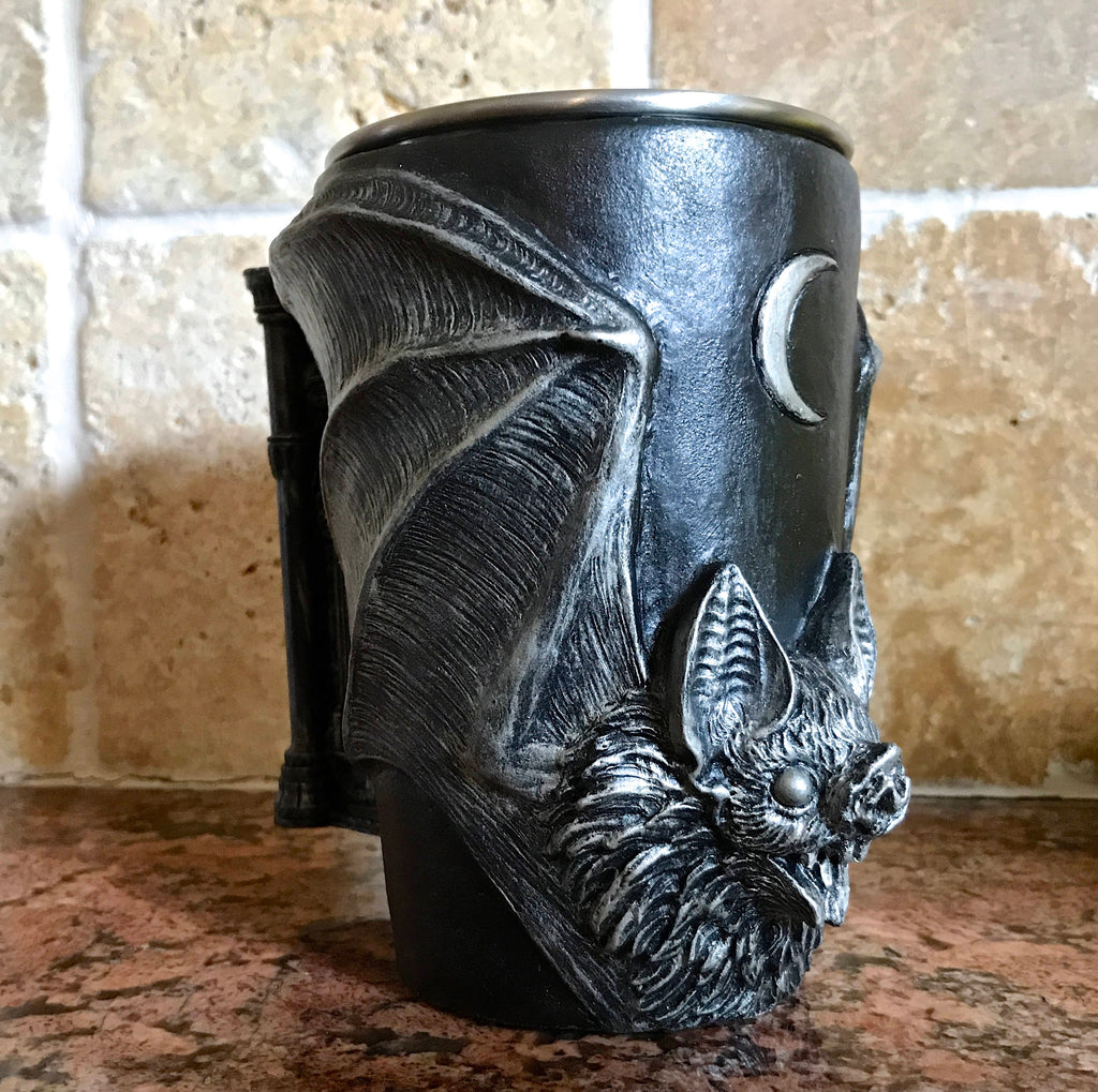 Vampire Bat Mug | Hand Sculpted Resin Gothic Art Mug with Stainless Steel Liner| Spooky Bat Mug, Halloween Gift and Gothic Home Decor