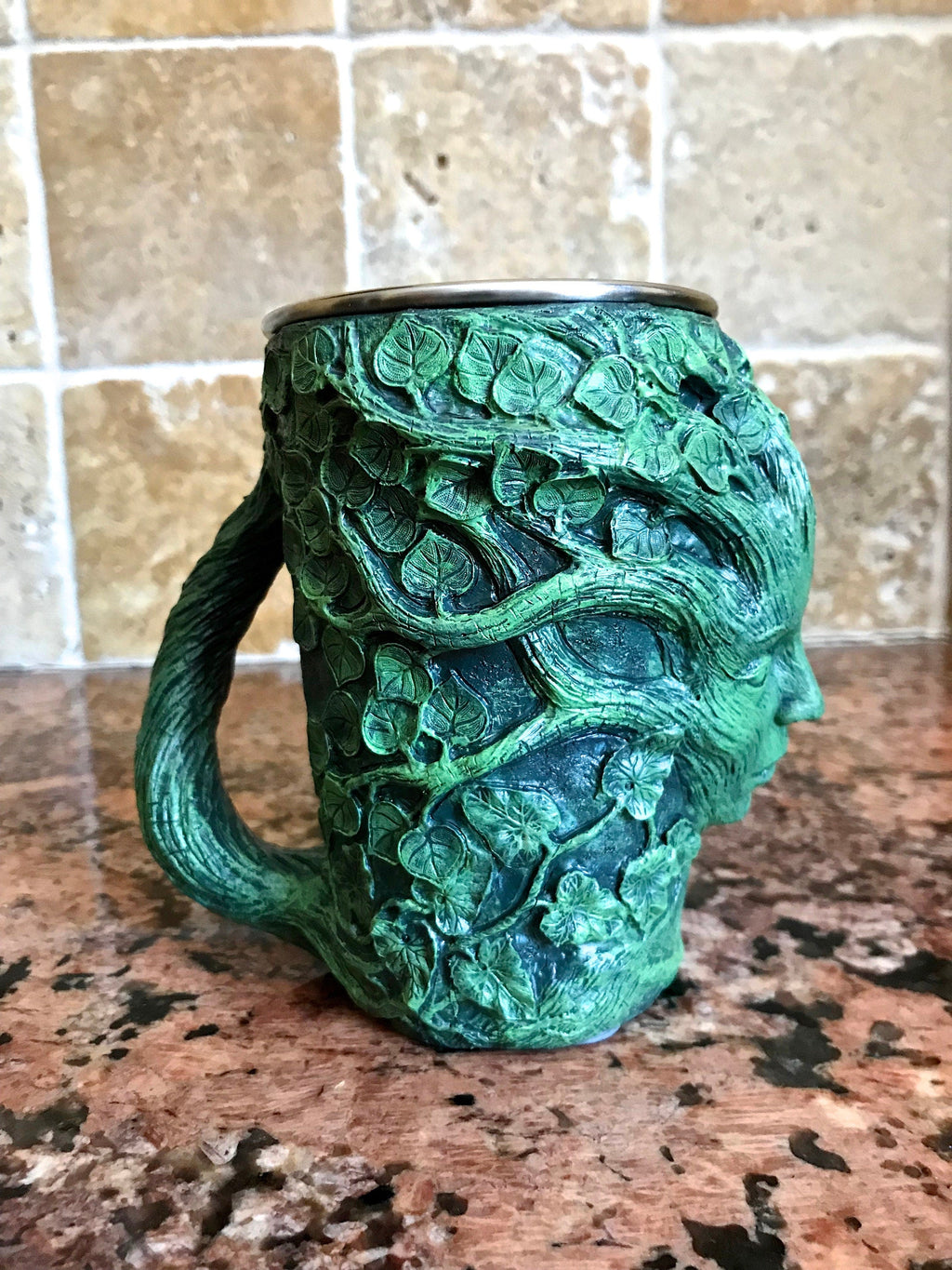 Dryad Mug, Green Hand Sculpted Resin Art Mug with Stainless Steel Liner| Fantasy Tree Spirit Mug, Witchy Cup Gift and Gothic Home Decor