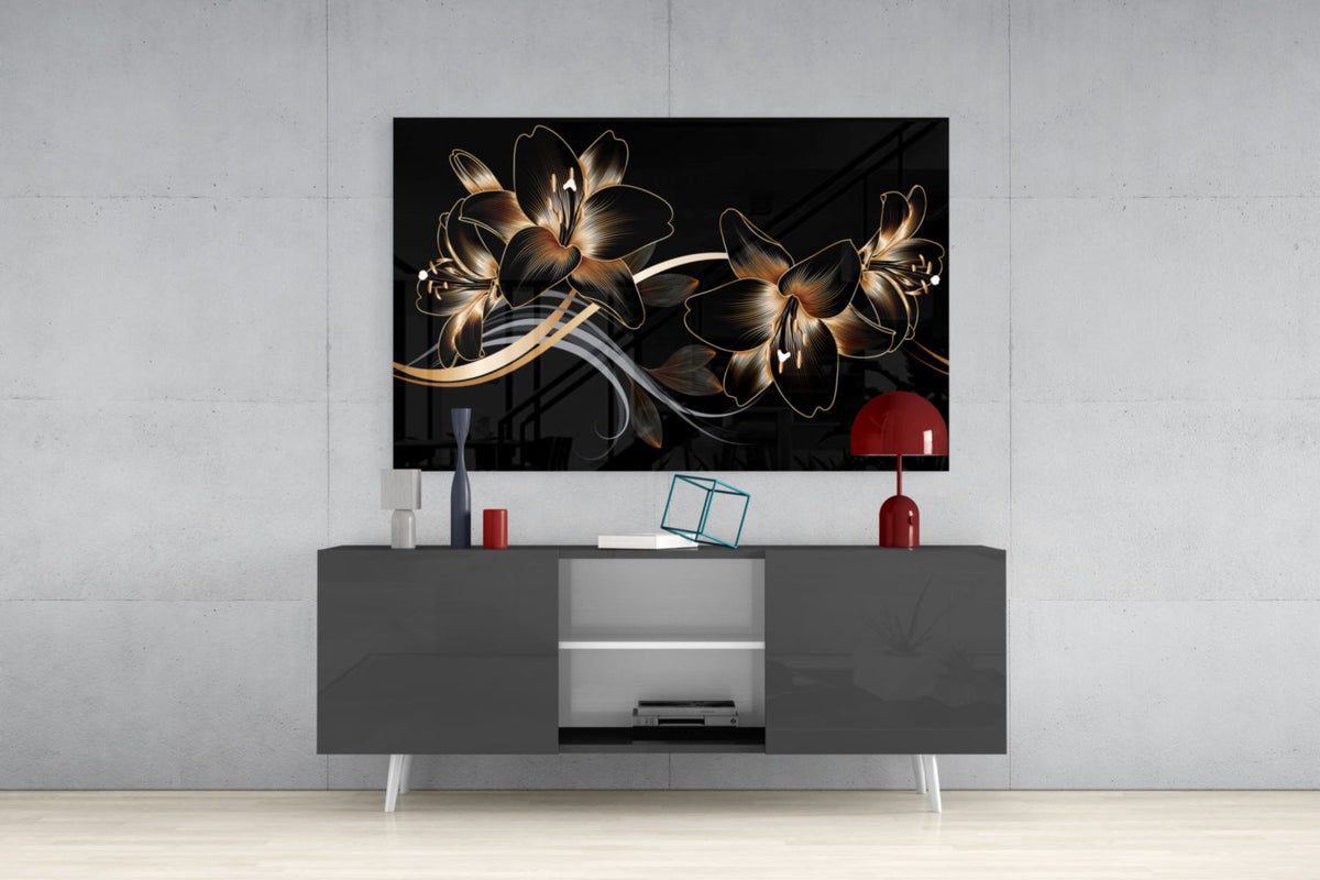 Golden Black Lily | Tempered Glass Wall Art