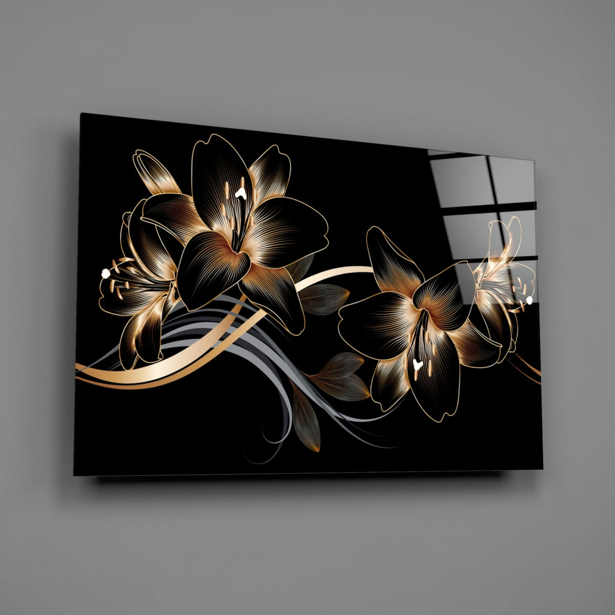 Golden Black Lily | Tempered Glass Wall Art