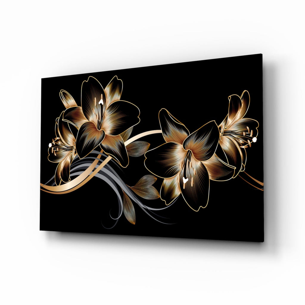 Golden Black Lily | Tempered Glass Wall Art