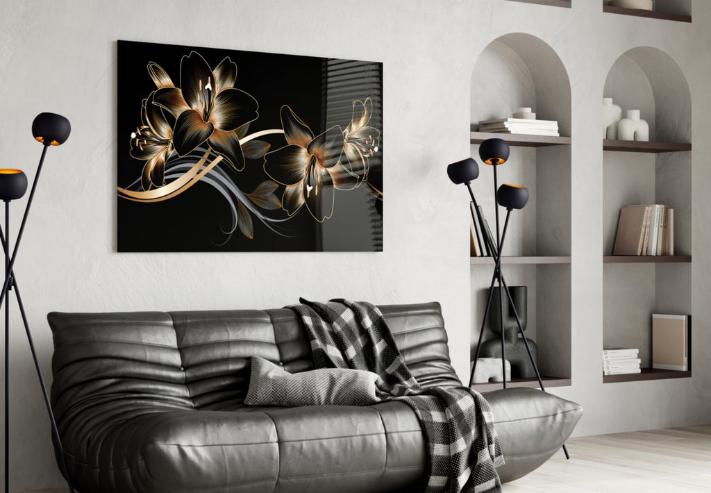 Golden Black Lily | Tempered Glass Wall Art