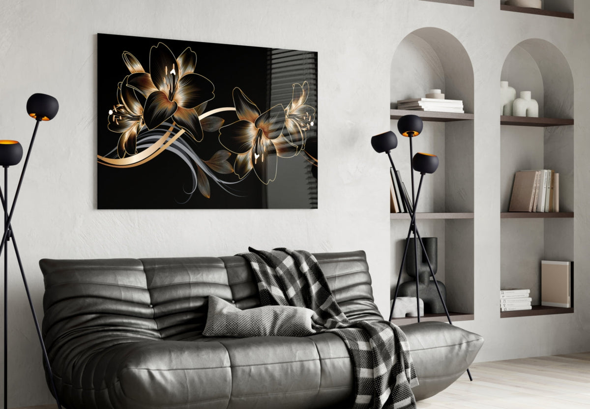 Golden Black Lily | Tempered Glass Wall Art