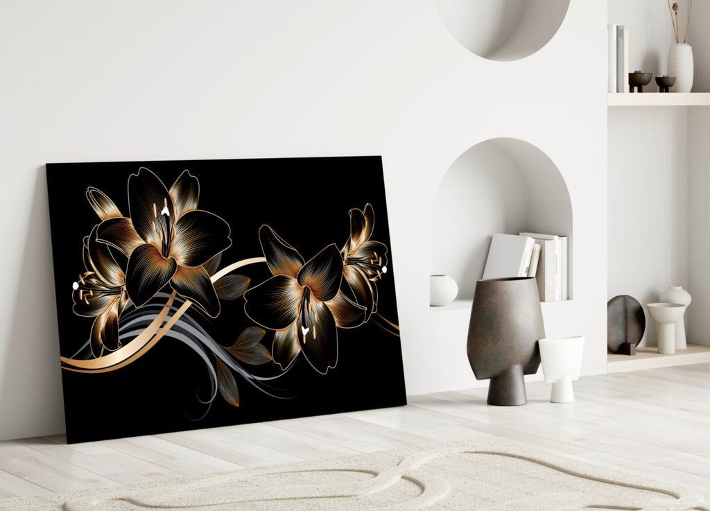 Golden Black Lily | Tempered Glass Wall Art