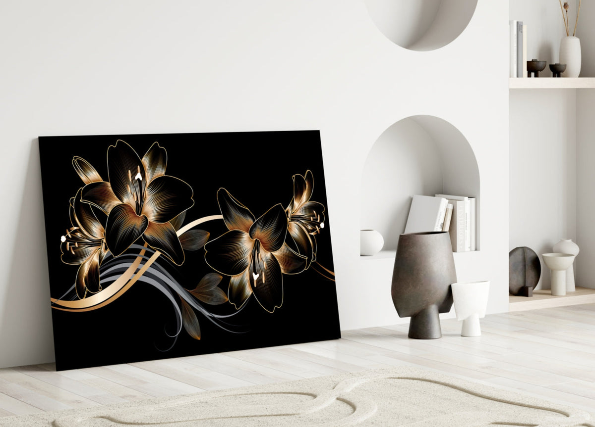 Golden Black Lily | Tempered Glass Wall Art