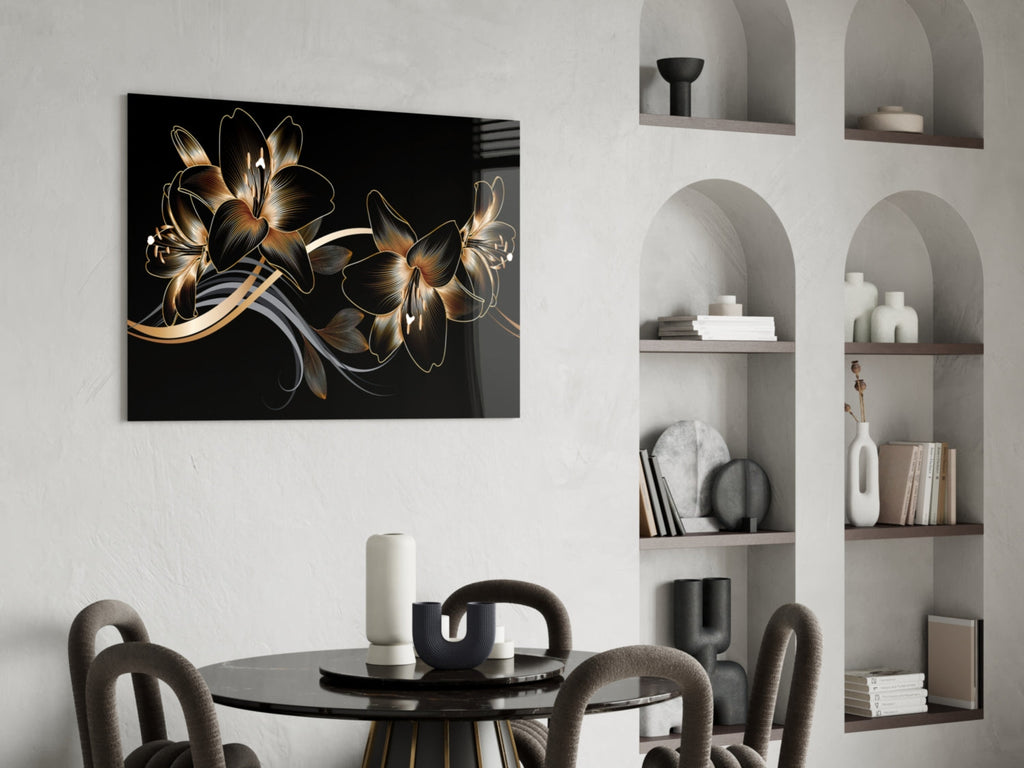 Golden Black Lily | Tempered Glass Wall Art