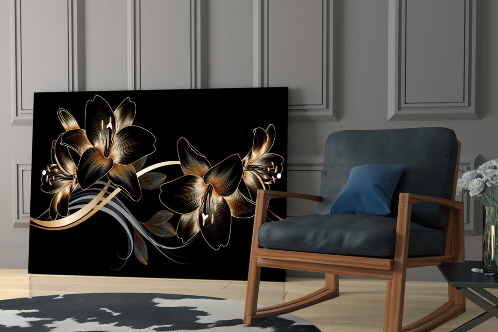 Golden Black Lily | Tempered Glass Wall Art