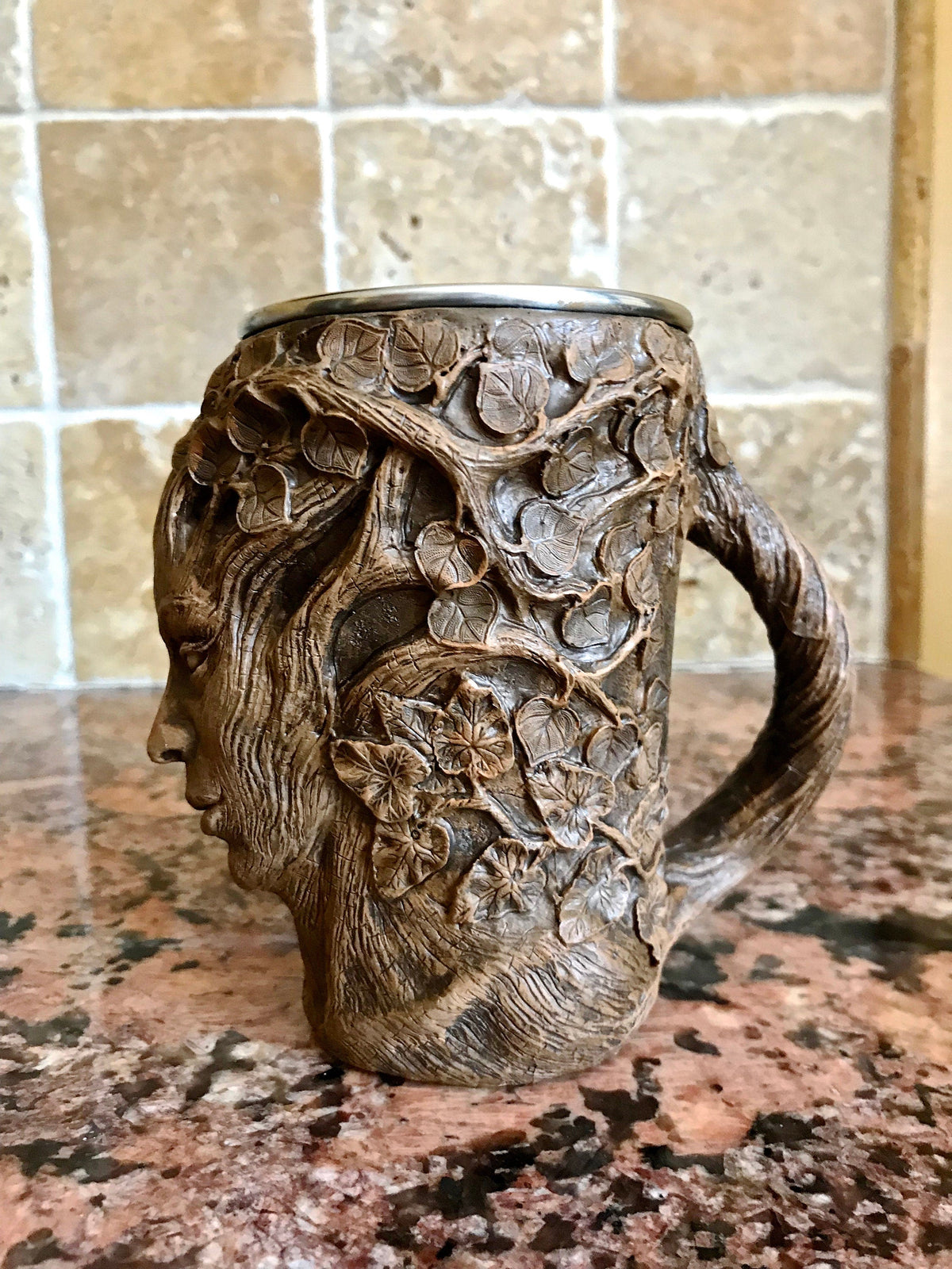 Dryad Mug, Hand Sculpted Resin Earthy Art Mug with Stainless Steel Liner| Fantasy Tree Spirit Mug, Witchy Cup Gift and Gothic Home Decor