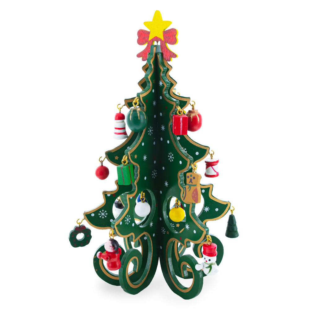 Wooden Tabletop Christmas Tree with Cute Miniature German Style Wooden Ornaments 7.5 Inches