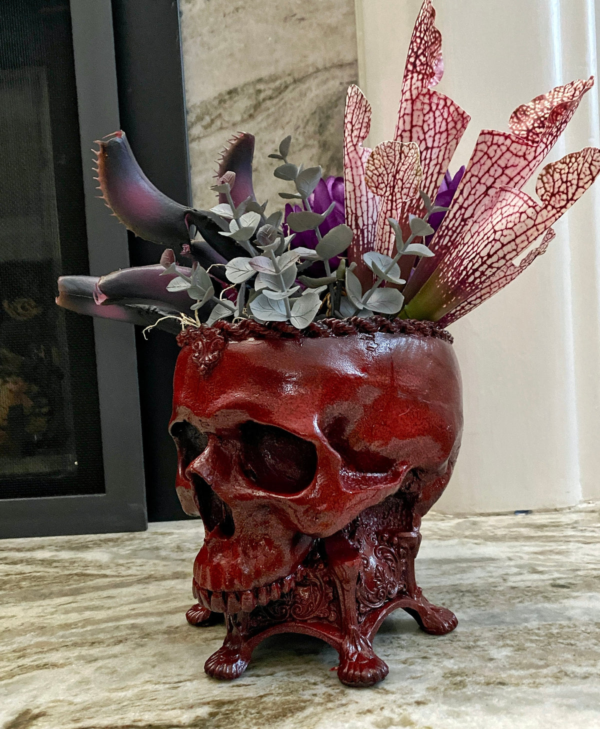 Human Skull Planter | Blood Red Finish