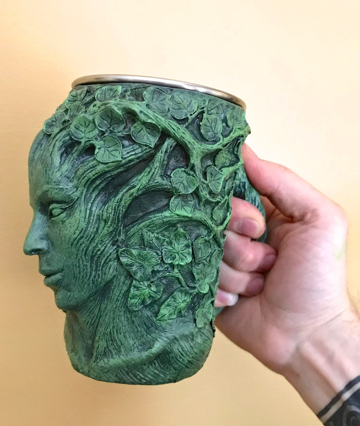 Dryad Mug, Green Hand Sculpted Resin Art Mug with Stainless Steel Liner| Fantasy Tree Spirit Mug, Witchy Cup Gift and Gothic Home Decor