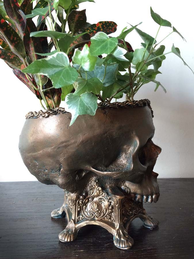 Human Skull Planter | Bronze Finish