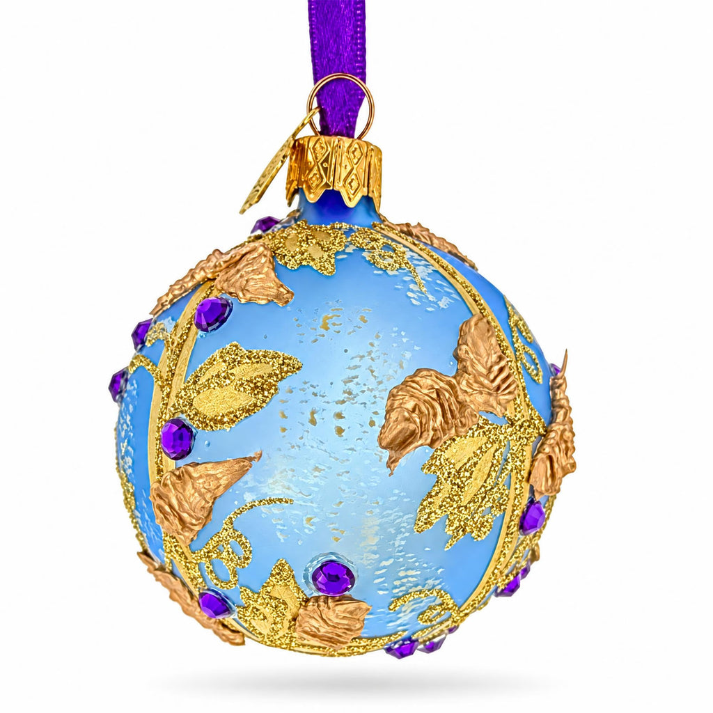 Blue Floral Jeweled Glass Ball Christmas Ornament