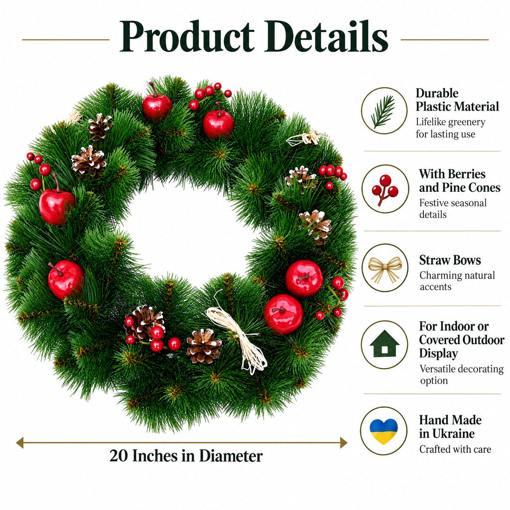 Ukrainian Christmas Wreath with Frosted Straw Bows, Apples & Pine Cones 20 Inches