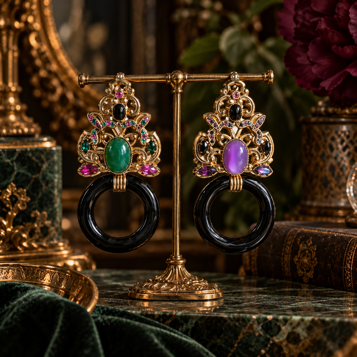 Vintage Italian Ornate Black Hoop Earrings