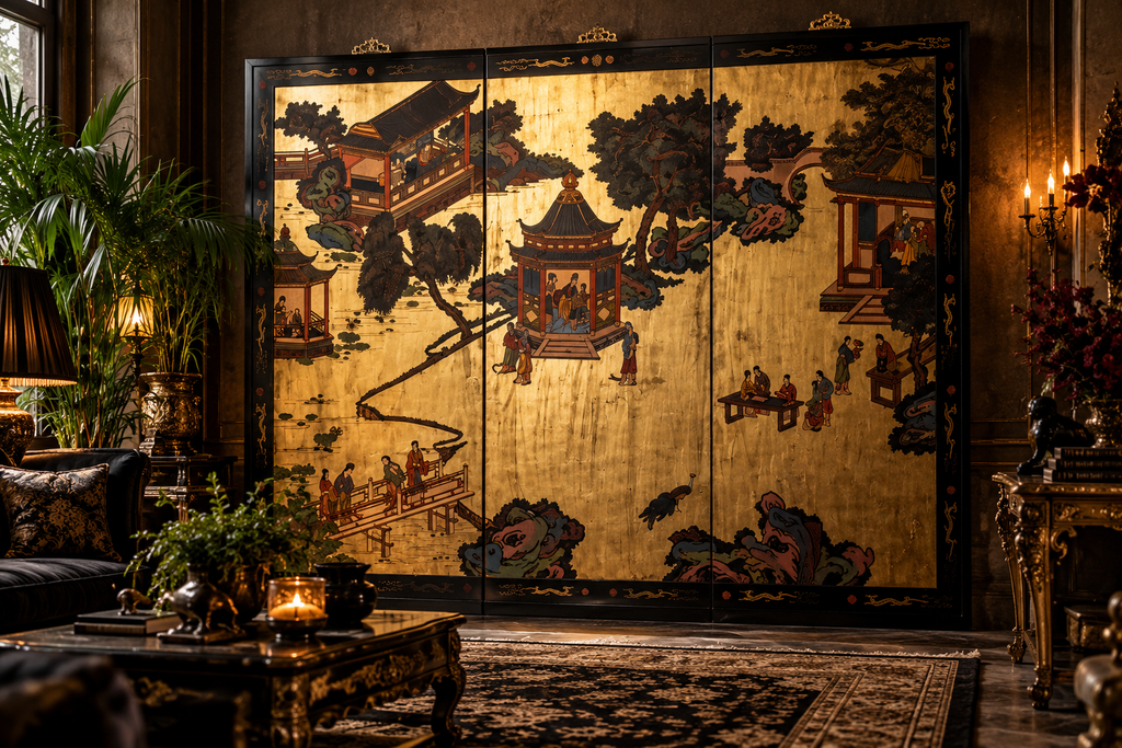 The Hong Kong Village Screen | Hand-Painted Black & Gold Lacquer, 1970s