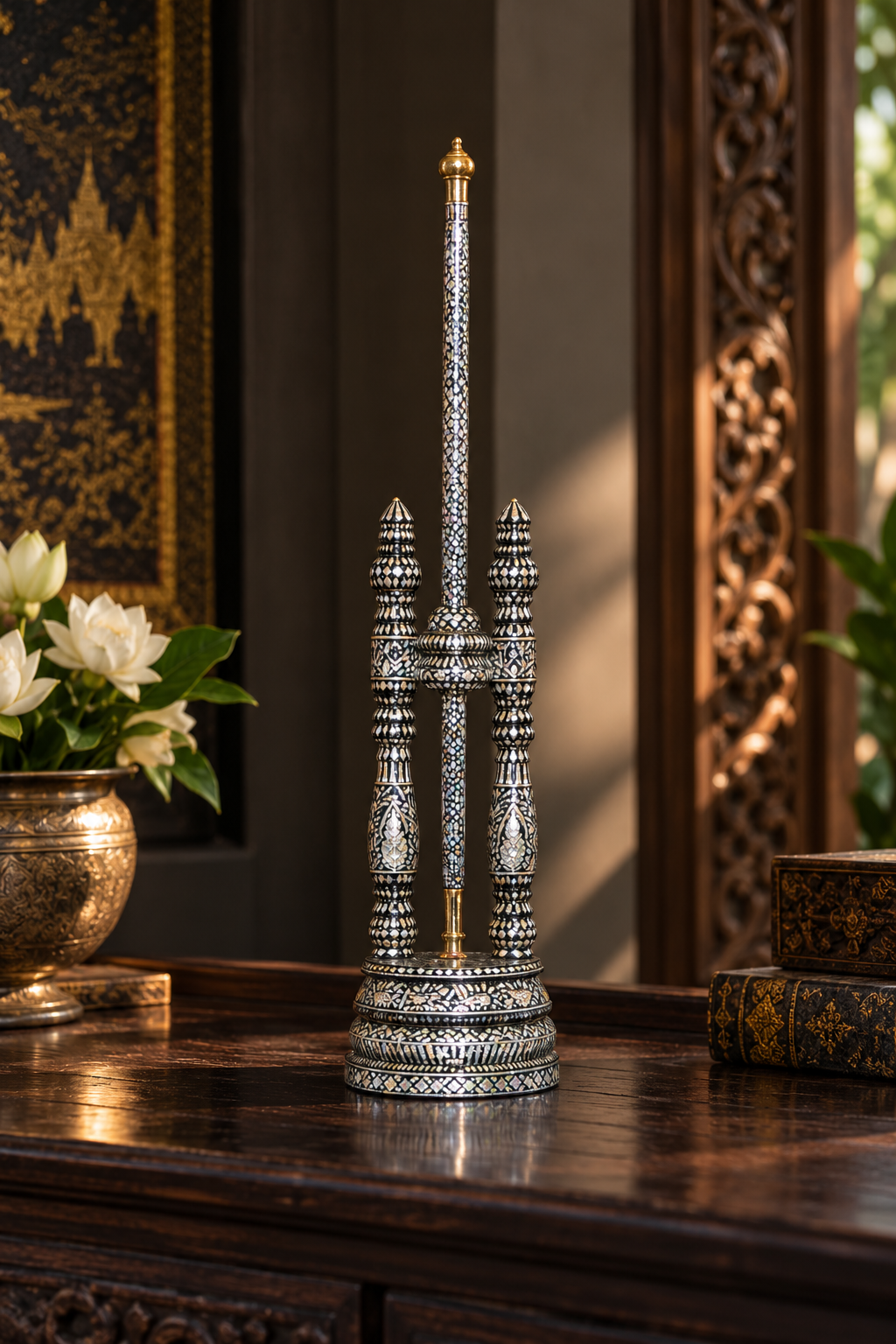 Thai Ceremonial Fan Stand | Mother-of-Pearl Inlaid Hardwood