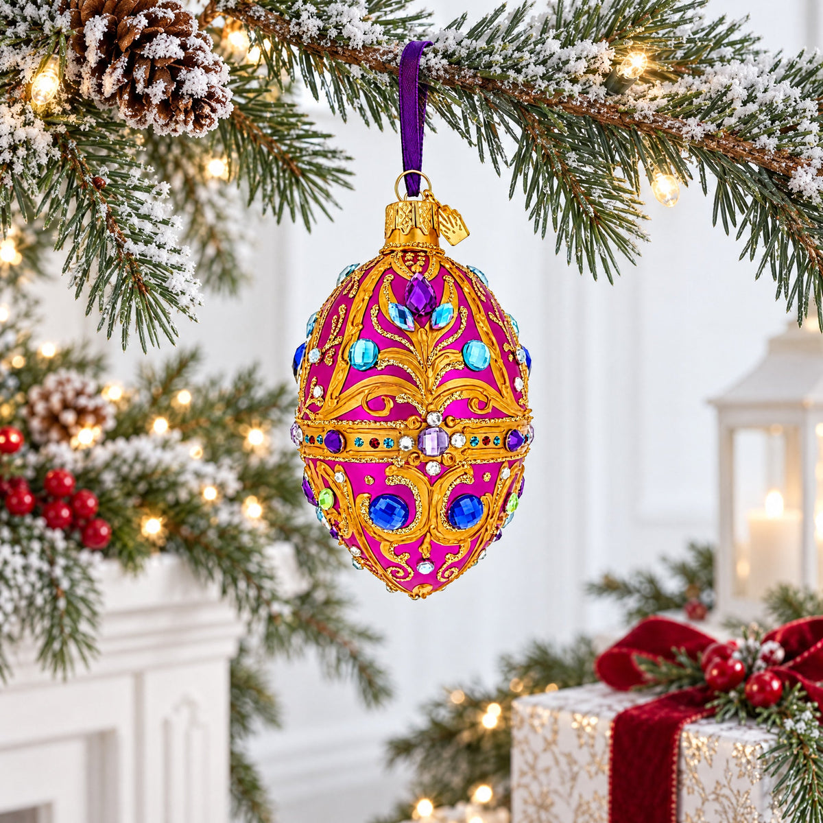 Magenta Purple Jeweled Glitter Scrollwork Glass Egg Christmas Ornament