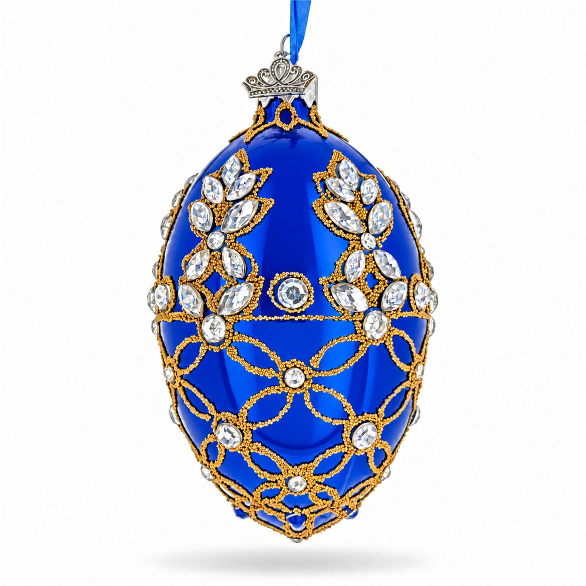 Blue Jeweled Floral Glass Egg Christmas Ornament