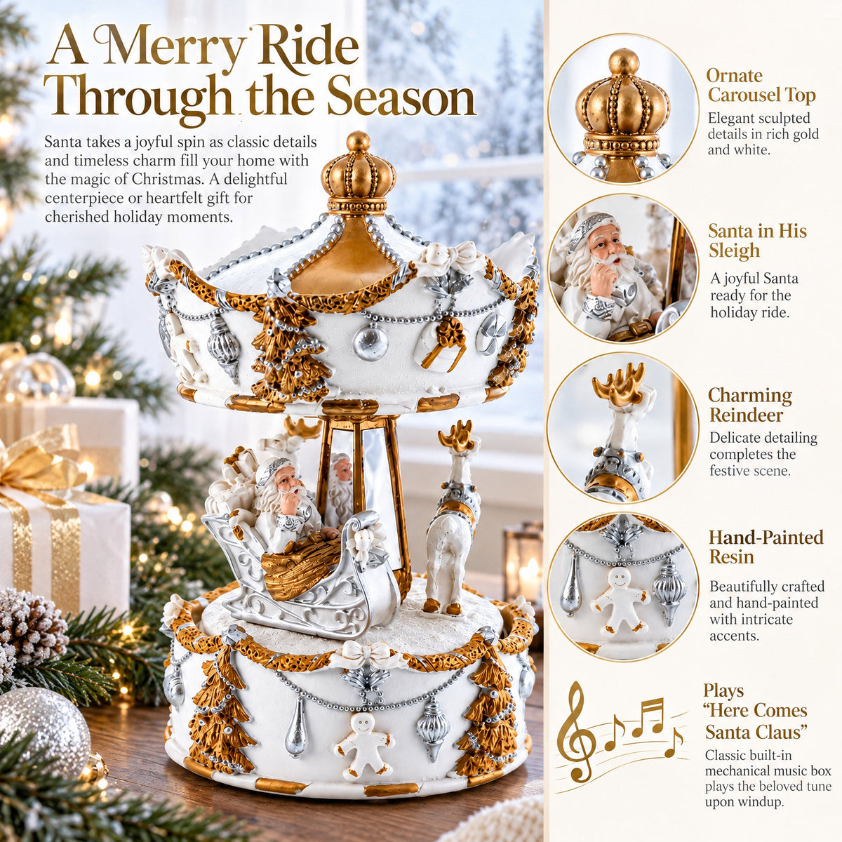 Santa's Reindeer Carousel: White Spinning Christmas Musical Box