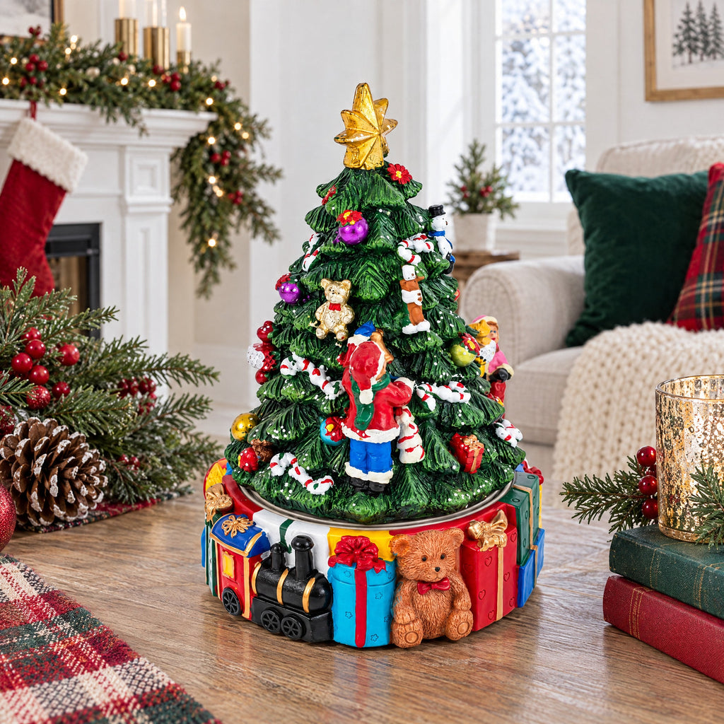 Animated Musical Christmas Tree Figurine - Rotating Deck the Halls Music Box