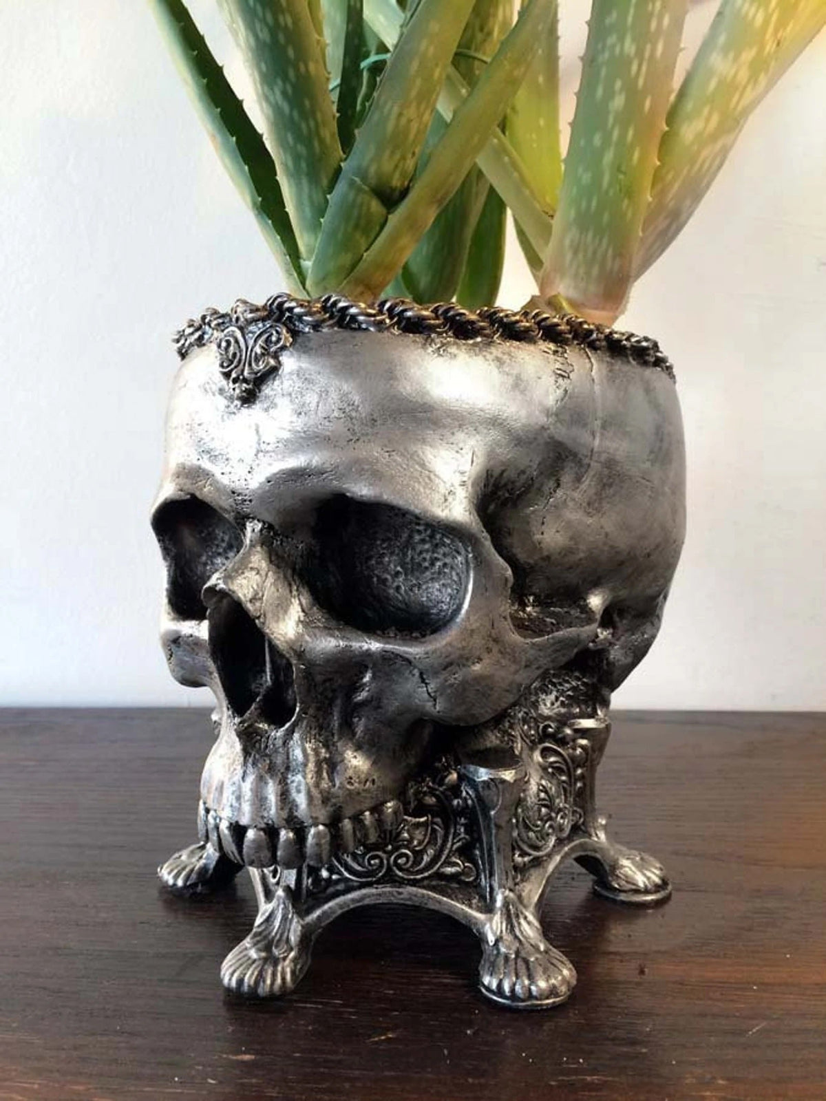 Human Skull Planter | Pewter Finish